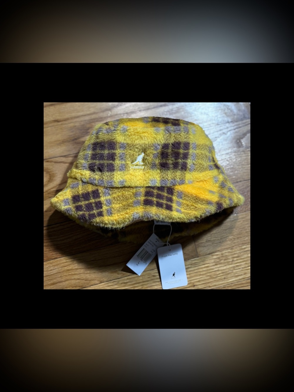 Kangol Faux Fur Bucket Hat Yellow Plaid Unisex Size Large New!
